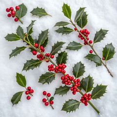 Winter scene with evergreen branches and red berries on snowy ground under bright sunlight, A closeup shot of Christmas holly plant, Elegant beautiful green branch with berries.