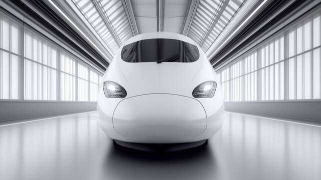 White high-speed train parked in bright and clean indoor exhibition hall facing forward, modern transportation vehicle display
