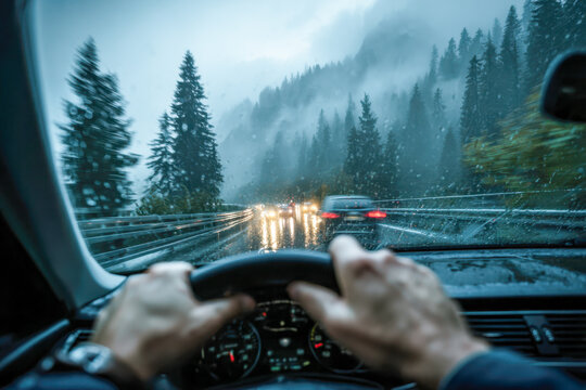 Driver navigating a wet, foggy mountainous road with blurred car lights and pine trees visible through the rain-speckled windshield during twilight hours