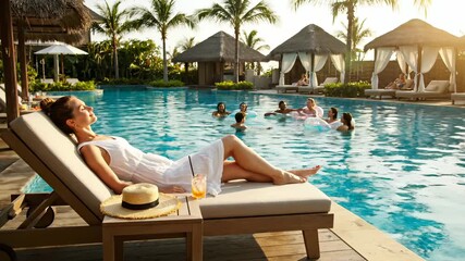 Woman sunbathing on poolside lounge under palm. Vacation at tropical resort with cabana hotel amenities. Group swim and chat in pool with friends. Warm sunset enhances relaxed leisure and golden glow. - Powered by Adobe