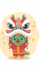 Fototapeta premium Cute Cartoon Dragon Character Celebrating Lunar New Year in Traditional Chinese Attire, Festive Illustration
