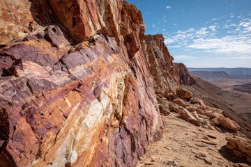 Geological sandstone outcrop with striking strata and faulting in warm earth tones