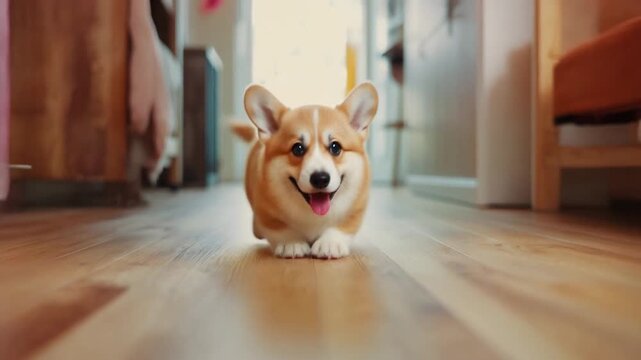 Cheerful corgi gleefully prancing across room