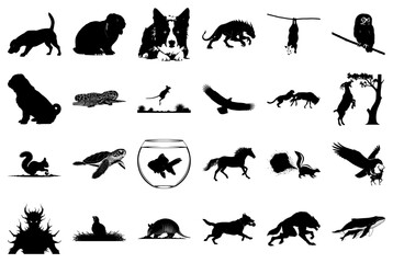 Diverse Animal Silhouettes Collection Keywords: cat, rabbit, dog, border collie, dragon, bat