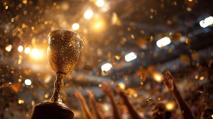 Gleaming Championship Trophy on Podium Amid Confetti and Celebration Lights