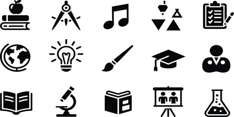 Fototapeta premium Education, School, and Learning Glyph Icons Set: Featuring Apple on Books, Graduation Cap, Microscope, Compass, and Light Bulb Vector Illustration