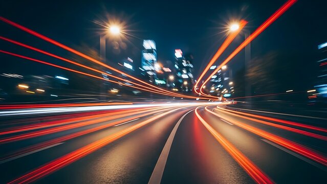 Long Exposure View of Traffic Light Trails at High Speed on an Empty Highway Road in a Modern City at Night
