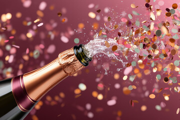 Champagne bottle opening with confetti bursting in celebration  