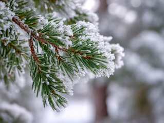 Frost-covered pine tree branch showcasing fresh ice crystals in a serene winter forest with soft-focus snow-covered trees in the background on a cold day