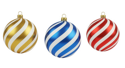 Three striped christmas ornaments isolated on transparent background