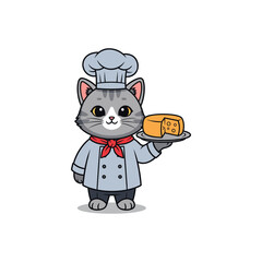 Chef cat is holding cheese on plate cartoon vector illustration