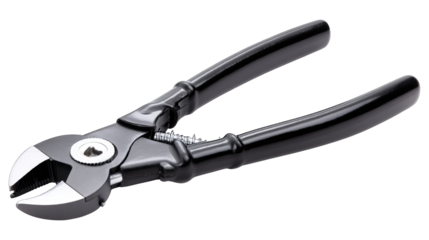 Black handled diagonal cutting pliers with spring action and metal jaw for precise wire cutting and electrical work