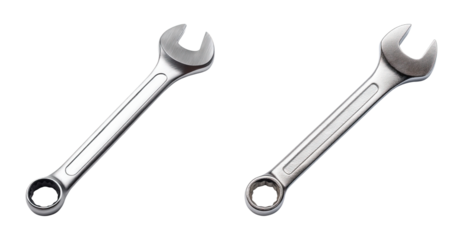 Polished chrome combination wrench silver open end round box end metal tool for repair isolated transparency background displaying robust