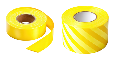 Yellow hazard tape roll and striped caution tape roll on transparency background with bright reflective surface and safety warning tone