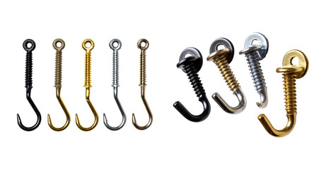 Small metal screw hook assortment gold and silver tones for hanging items, close up isolated background with reflective detail and varied finishes