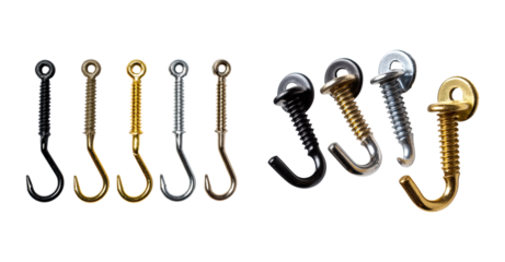 Small metal screw hook assortment gold and silver tones for hanging items, close up isolated background with reflective detail and varied finishes