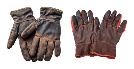 Worn leather work glove brown leather gloves with reinforced palms and stitched cuffs, rugged protective handwear showing dirt and use