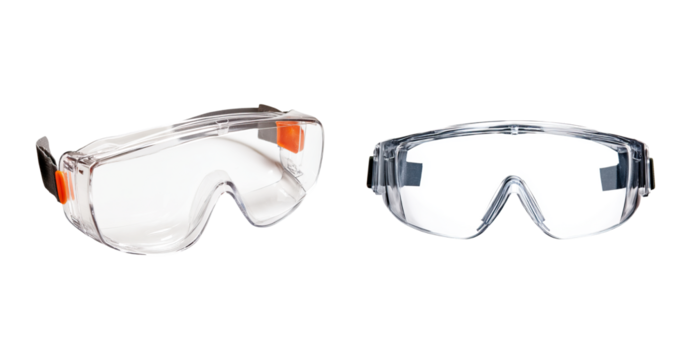 Clear safety goggles with adjustable strap and orange side clips, protective eyewear for laboratory or workshop use providing full eye coverage