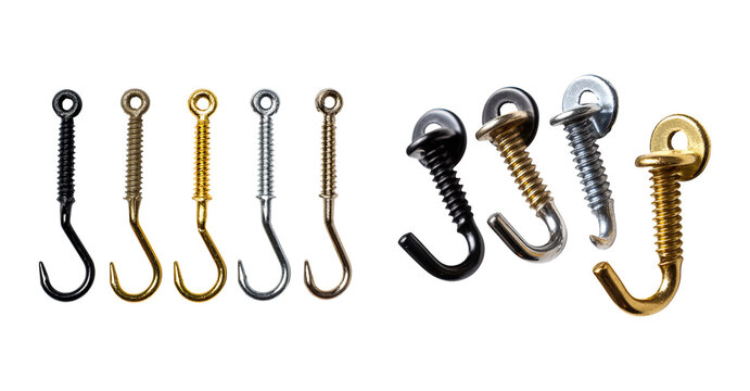 Small metal screw hook assortment gold and silver tones for hanging items, close up isolated background with reflective detail and varied finishes