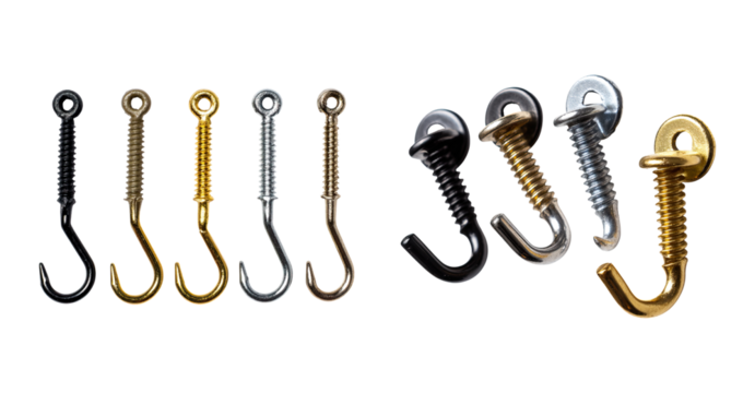 Small metal screw hook assortment gold and silver tones for hanging items, close up isolated background with reflective detail and varied finishes