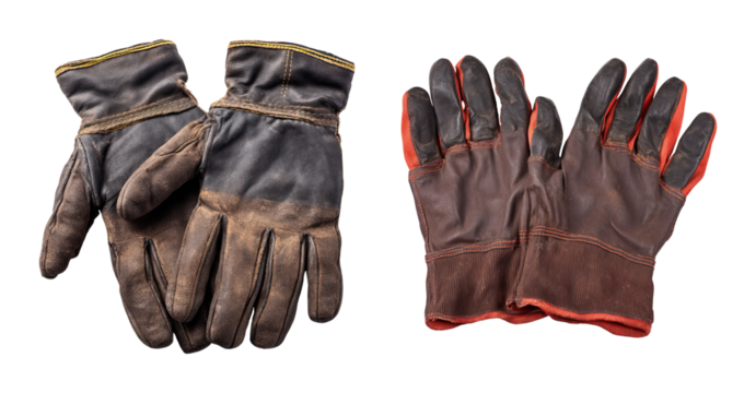 Worn leather work glove brown leather gloves with reinforced palms and stitched cuffs, rugged protective handwear showing dirt and use