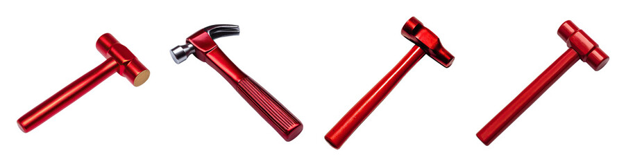 Red metal hammer collection on transparency background, shiny tool set for construction and repair, sleek ergonomic handles and polished heads