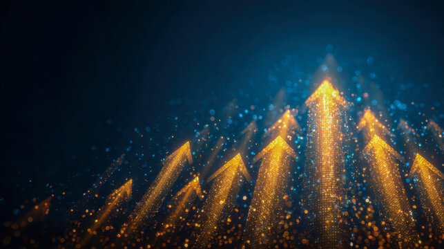 Glowing golden arrows composed of sparkling particles rising against a dark blue background symbolizing growth, progress, and upward momentum in technology and business c