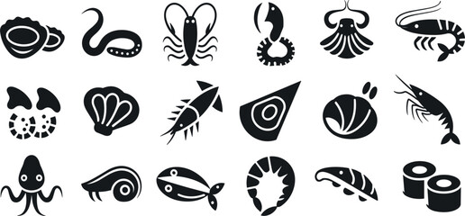 Seafood, Ocean, and Marine Life Glyph Icons Set: Featuring Lobster, Shrimp, Octopus, Squid, Fish, Shellfish, and Japanese Sushi Vector Illustration