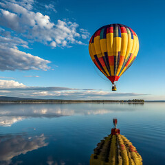 Colorful balloons rise to dawn, hot air balloon floating in the peaceful, Hot air balloon fly over the lake, festive event hot air balloon, beautiful and colorful baloon. 