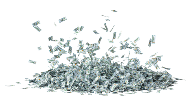 Us dollar bills falling, raining 3d isolated