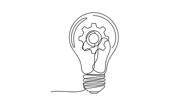 Continuous line drawing of light bulb with gears, innovative and technological idea concept