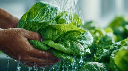 Hands washing fresh green lettuce under running water highlighting cleanliness and healthy food preparation in an eco-friendly kitchen environment