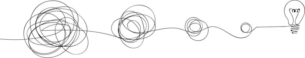 One continuous line drawing of way from chaotic to simplicity and lightbulb. Continuous line art journey from chaos to clarity with a lightbulb. A single, unbroken line illustrates the transition from
