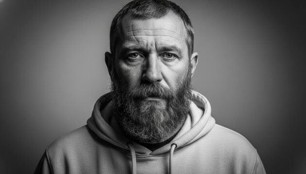 Serious middle-aged man with a beard and intense gaze looks directly at the camera in this dramatic black and white studio portrait with strong lighting