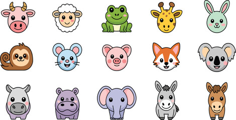 Naklejka premium Cute Cartoon Animal Faces and Heads Vector Illustration Set: Featuring Cow, Sheep, Frog, Giraffe, Rabbit, Sloth, Koala, and Rhino for Kids