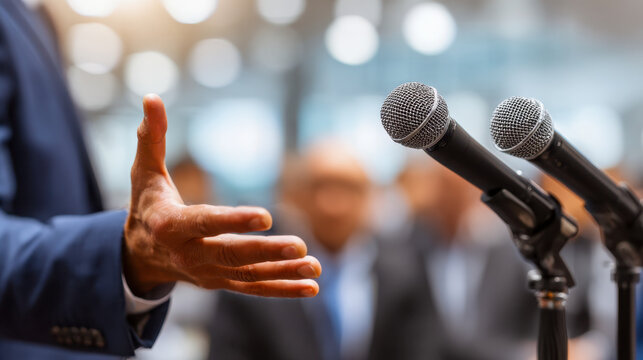Speaker engaging the audience with open hand gestures during a formal speech while standing next to dual microphones at a professional event