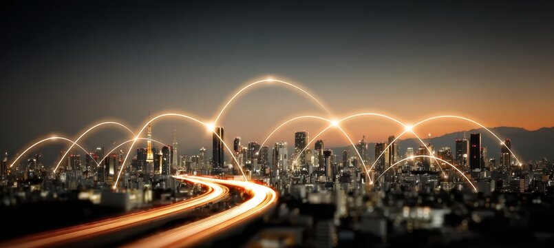 Futuristic cityscape at dusk with vibrant metropolitan networks and digital communication - Powered by Adobe