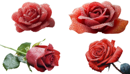 Four red roses with water droplets on petals and leaves isolated on a transparent background flower
