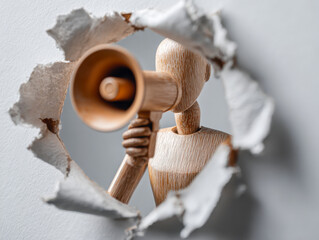Wooden mannequin figure seen through a torn wall using a megaphone to amplify a message symbolizing communication breakthrough or urgent announcement concept