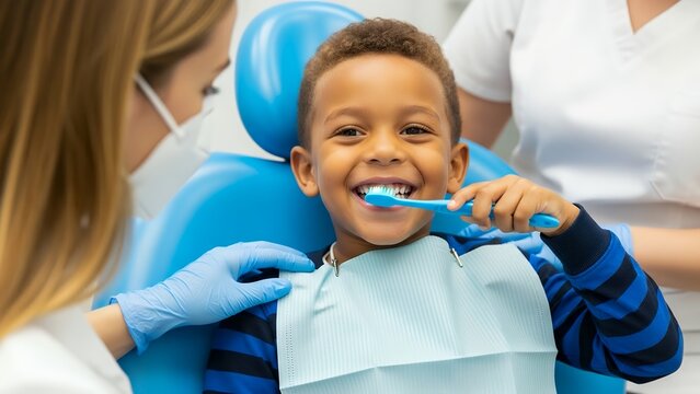 Dentist teaches child proper teeth brushing technique during appointment