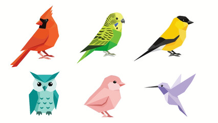 Geometric illustration of various colorful birds including a cardinal, parakeet, finch, owl, and hummingbird on a white background.