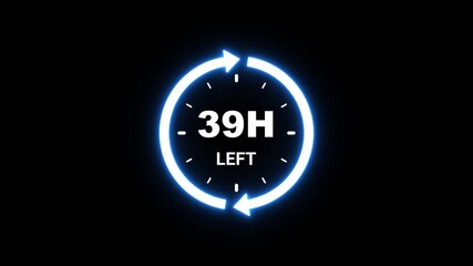 Countdown Timer With 39 Hours Remaining And Glowing Neon Clock Face On Black Background image photo