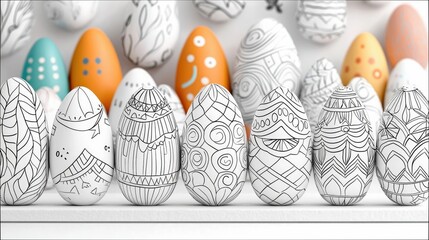 A collection of colorful and decorated Easter eggs arranged on a shelf against a white background, showcasing various patterns and designs.