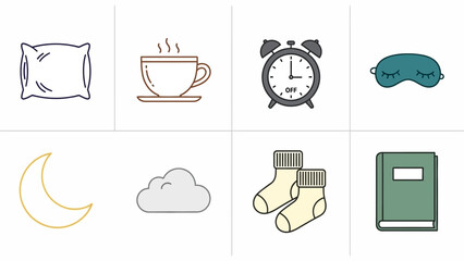 A collection of eight line art icons representing elements of sleep, morning, and comfort, including a pillow, coffee, alarm clock, sleep mask, moon, cloud, socks, and a book.