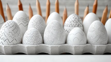 Close-up shot of decorated Easter eggs in a carton, with pencils in the background. The eggs are white and decorated with various black patterns.