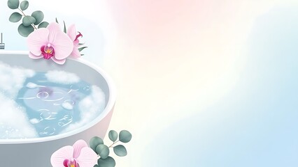 A serene illustration of a bathtub with bubbles, pink orchids, and eucalyptus leaves, set against a soft pastel background, evoking relaxation and spa.