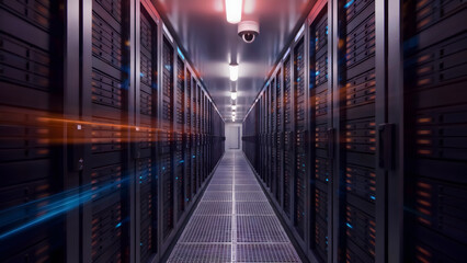 Modern server room with data streams for robust cybersecurity solutions and reliable data storage