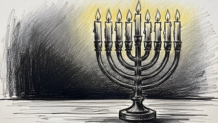 Menorah with lit candles in a dark room creating a warm ambiance with space for text  