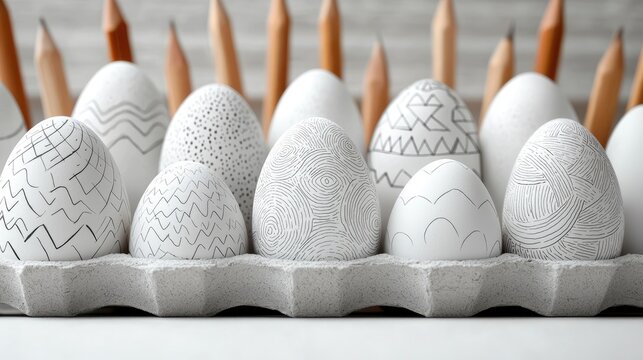 Close-up shot of decorated Easter eggs in a carton, with pencils in the background. The eggs are white and decorated with various black patterns. - Powered by Adobe