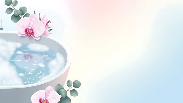 A serene illustration of a bathtub with bubbles, pink orchids, and eucalyptus leaves, set against a soft pastel background, evoking relaxation and spa.